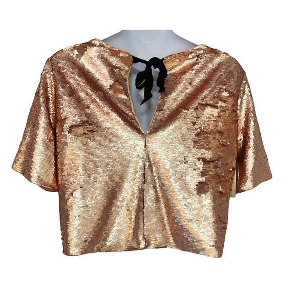 Peyton & Parker XL Rose Gold Sequin Top Keyhole Tie Back Short Sleeve Lined New - Picture 3 of 11
